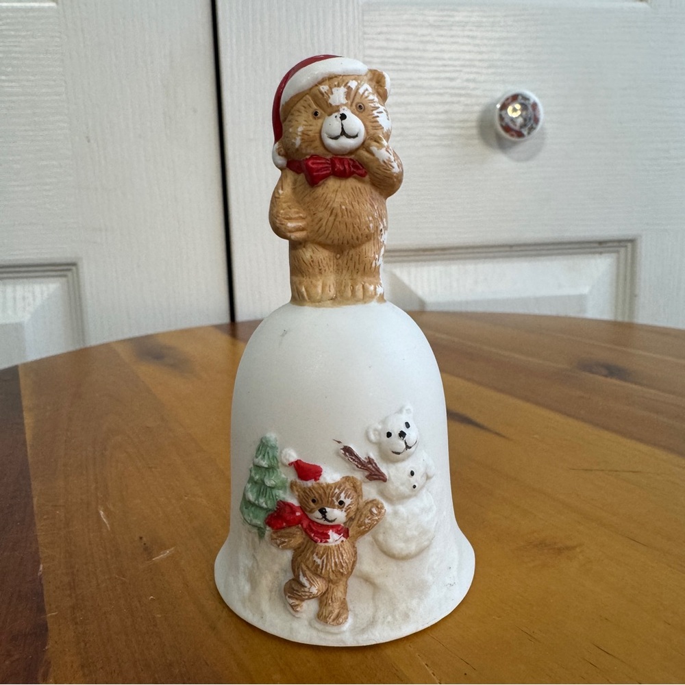 Vintage hand painted bear snowman bisque bell